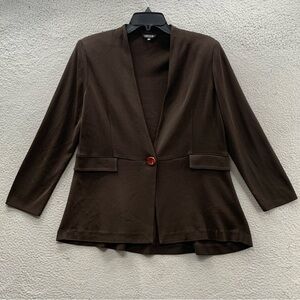 Misook Brown Single Button Deep V Neck Knit Stretch Blazer Jacket Pockets Size L